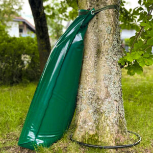 Grüner Bewässerungssack mit Schlauchsystem an einem Baumstamm