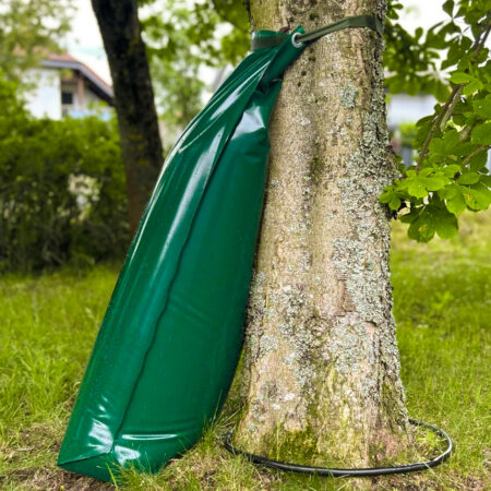 Grüner Bewässerungssack mit Schlauchsystem an einem Baumstamm